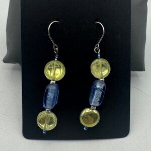Glass Beaded Dangle Earrings Silver Hooks Yellow & Blue Colors NEW